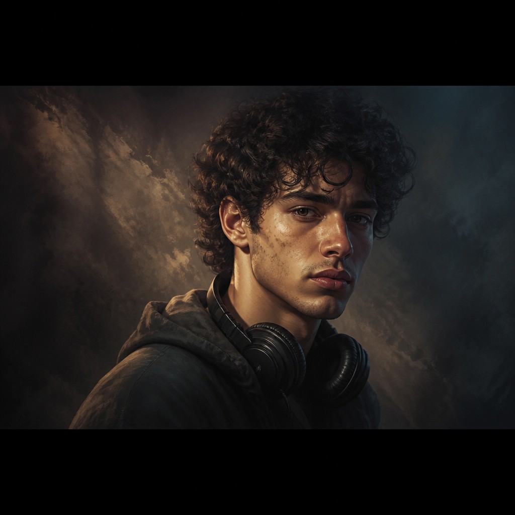head-and-shoulders portrait of an original character: a young man with curly dark hair and headphones around his neck, plain backdrop, no text — Matte Painting Digital Art Style Discord profile picture