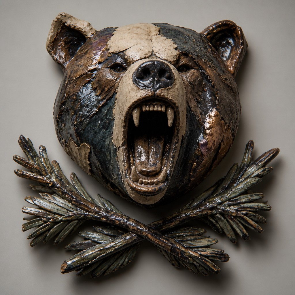 a roaring bear head above crossed pine branches, bold graphic composition on a plain background, no text — Contemporary Sculptural Ceramic Art Style t-shirt design