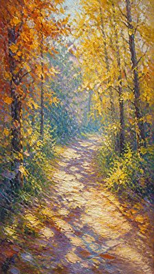 a winding forest path in golden autumn light, no people — Impressionist Landscape Art Style wallpaper