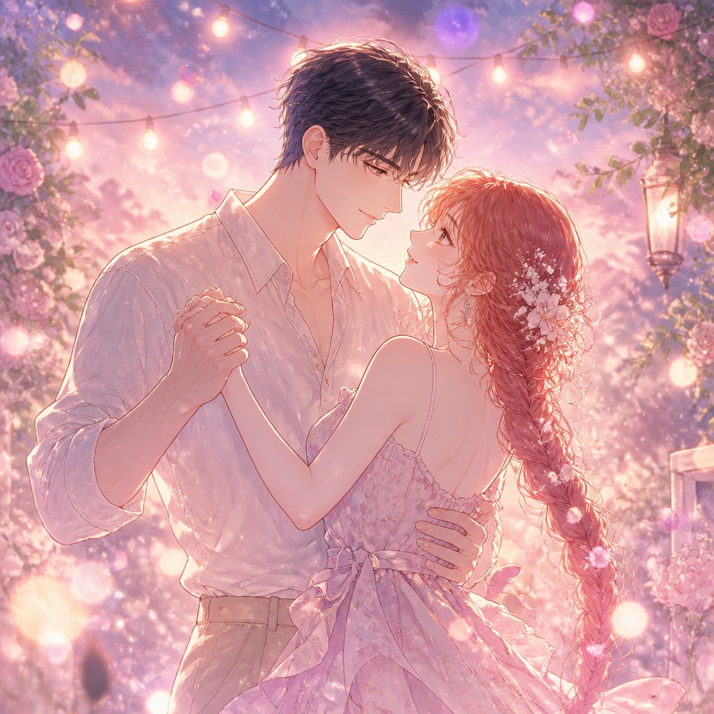 an original couple dancing under string lights in a garden at dusk: a man with short black hair in a linen shirt and a woman with braided red hair in a summer dress — Shoujo Romance Anime Art Style couple portrait