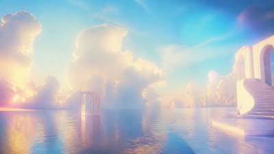 a panoramic ocean horizon with towering clouds at golden hour, no people — Dreamcore Aesthetic wallpaper