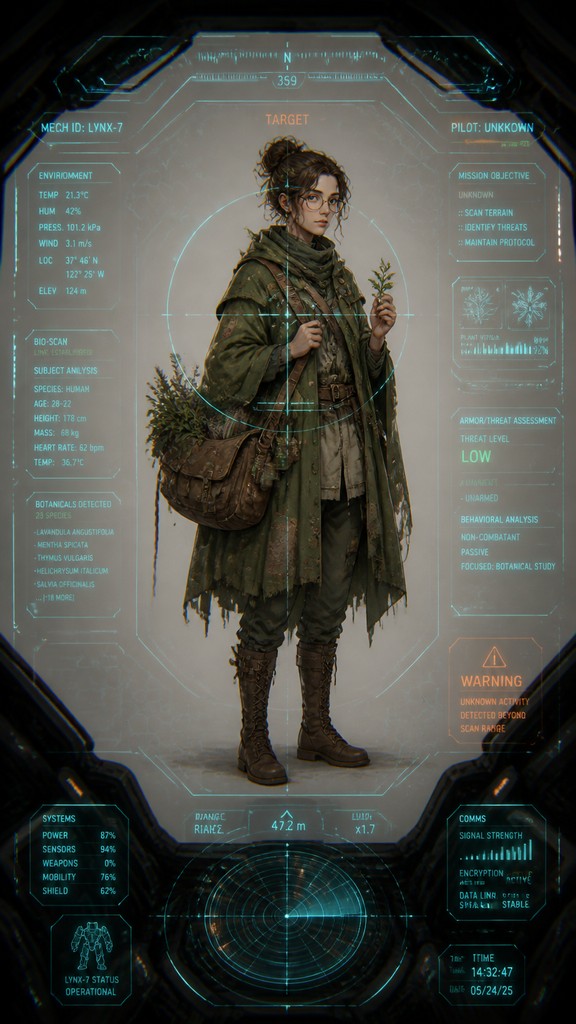 full-body original character: a wandering botanist with a satchel of plants, a patched green cloak, tall boots and round glasses, neutral background — Mecha Pilot Interface View character design