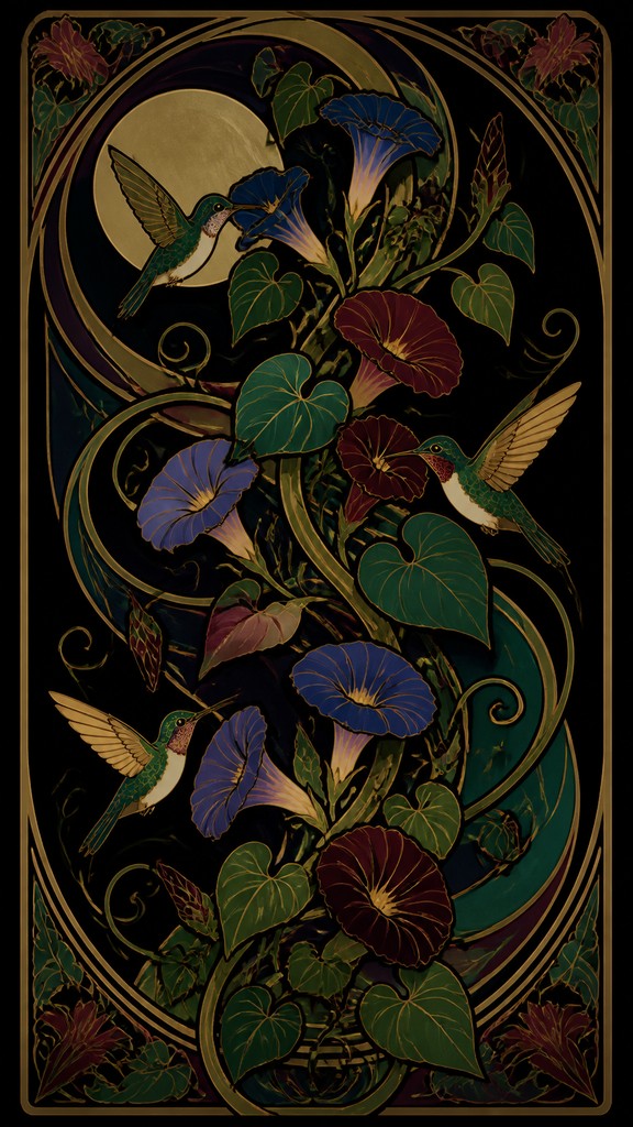 a climbing vine of flowers and hummingbirds on a dark background, tall wrapping composition, no text — Art Nouveau Style phone case design