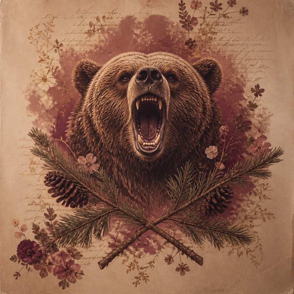 a roaring bear head above crossed pine branches, bold graphic composition on a plain background, no text — Romantic Academia Aesthetic t-shirt design