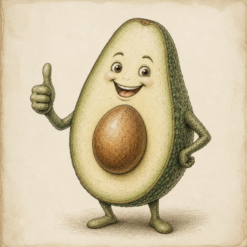 a happy avocado character giving a thumbs up, bold readable design on a plain background, no text — Traditional Botanical Still Life Art Style sticker