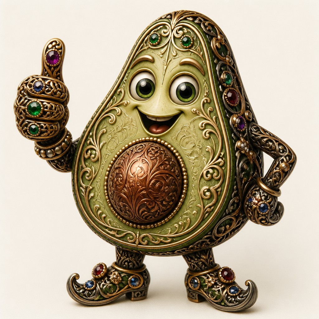 a happy avocado character giving a thumbs up, bold readable design on a plain background, no text — Vintage Jewelry Design sticker