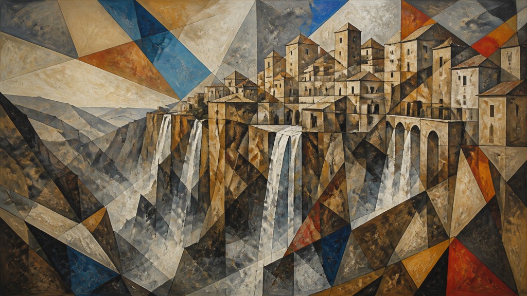 a cliffside city with waterfalls cascading into a misty canyon, wide establishing shot, no people, no text — Cubist Modern Art Style concept art