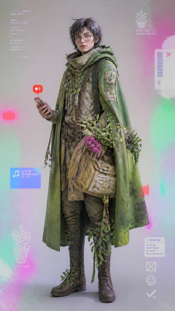 full-body original character: a wandering botanist with a satchel of plants, a patched green cloak, tall boots and round glasses, neutral background — Post-Internet Contemporary Art Style character design