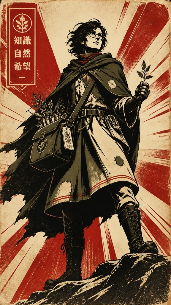 full-body original character: a wandering botanist with a satchel of plants, a patched green cloak, tall boots and round glasses, neutral background — Propaganda Poster Design character design