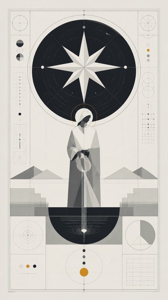 a robed figure pouring water beneath a large eight-pointed star in a night sky, symmetrical composition with an ornate decorative border, no text — Conceptual Modern Art Style tarot card