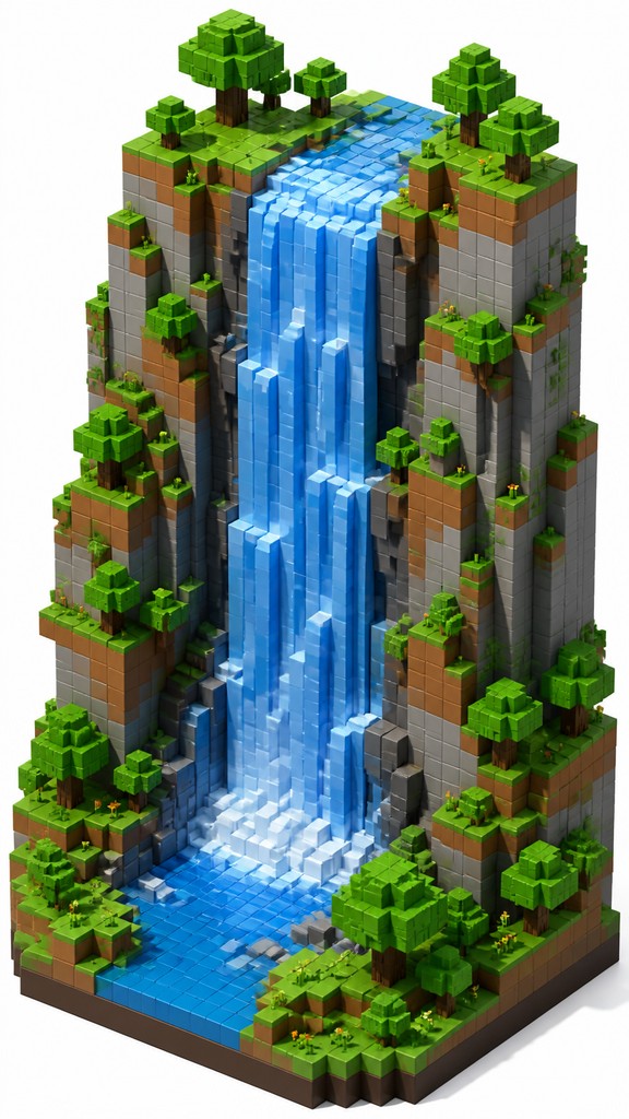 towering waterfall cascading down a cliff — Voxel Art Style