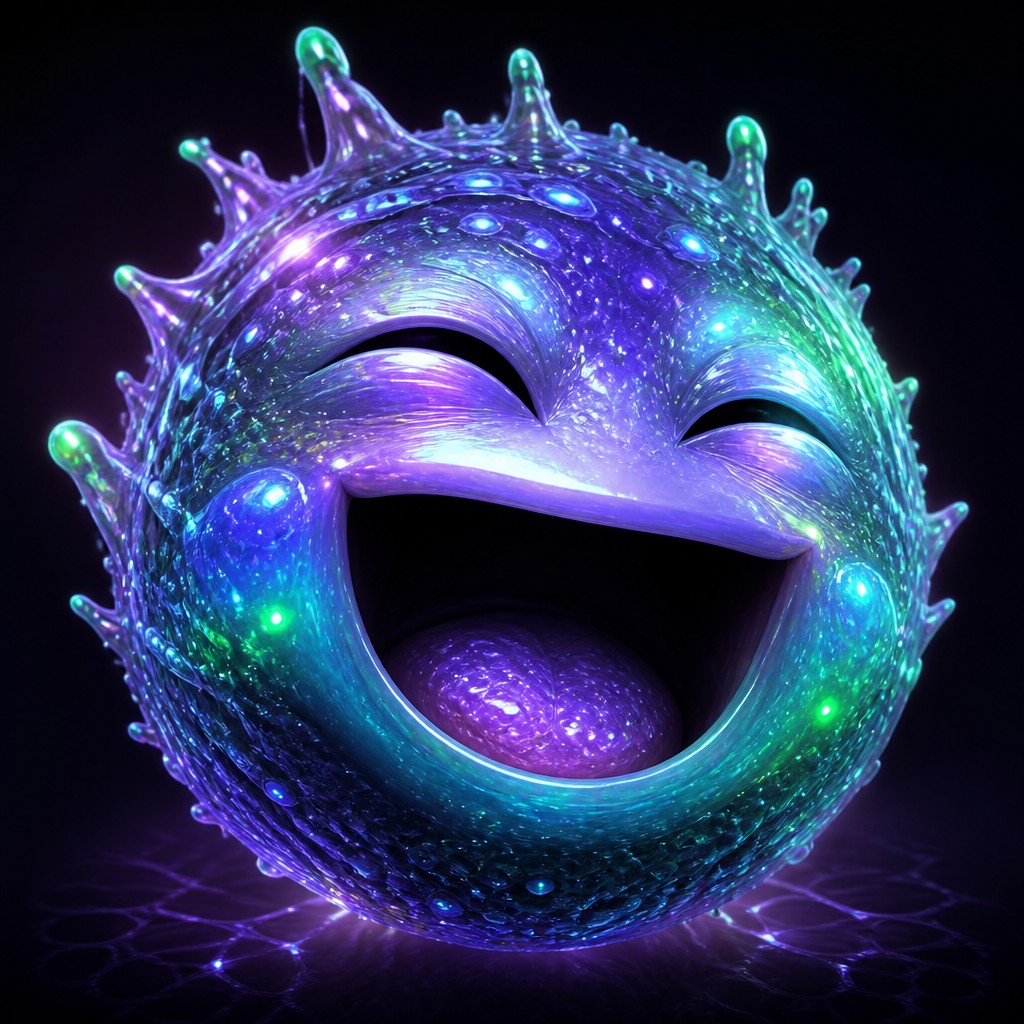 an exaggerated laughing face of an original round mascot character, bold and readable at small size, plain background, no text — Alien World Sci-Fi Art Twitch emote