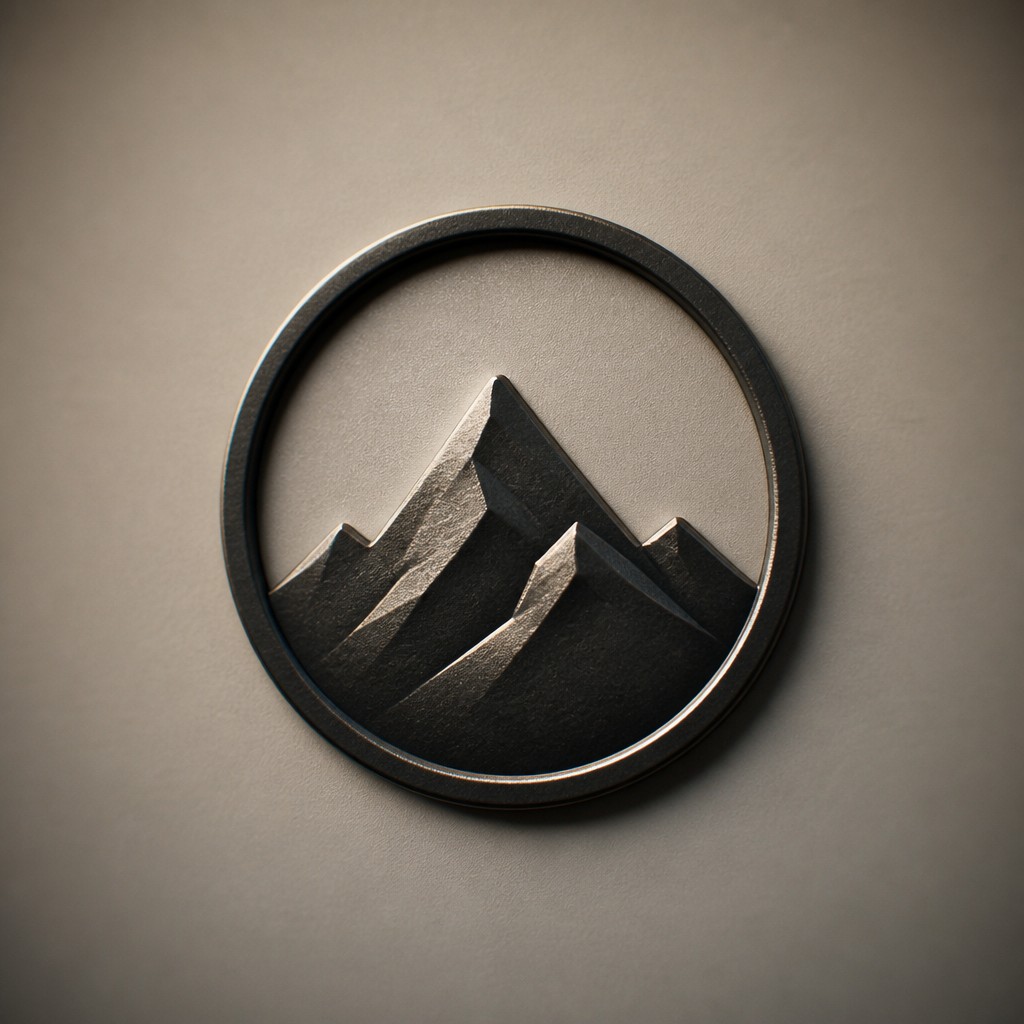 an emblem of a mountain peak inside a circle, simple bold shapes on a plain background, no text or lettering — Photographic Realism Art Style logo concept