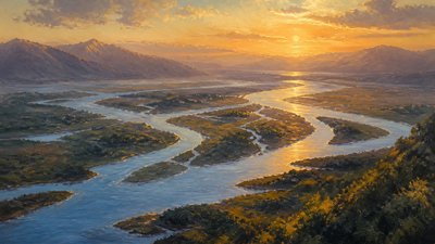 a wide river delta seen from above at sunset, no people — Landscape Nature Art wallpaper