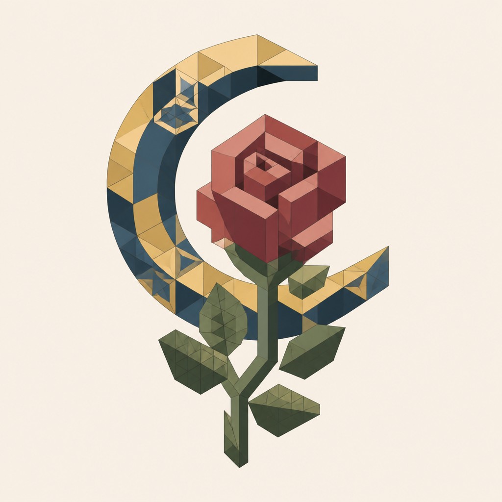 a rose entwined with a crescent moon, clean balanced composition on a plain background, no text — Isometric Geometric Art tattoo design