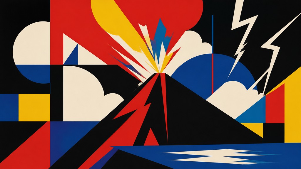an erupting volcano with lightning strikes, dramatic wide composition, no text — Bauhaus Art Style YouTube thumbnail