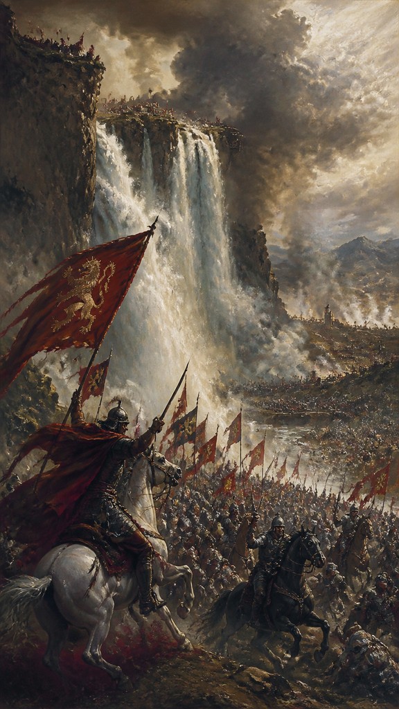 towering waterfall cascading down a cliff — Battle Scene Painting Style