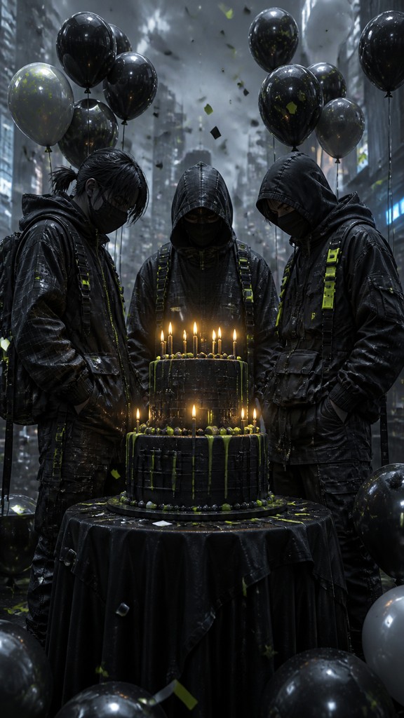 a birthday cake with lit candles surrounded by balloons and confetti, festive vertical composition, no text — Techwear Fashion birthday card