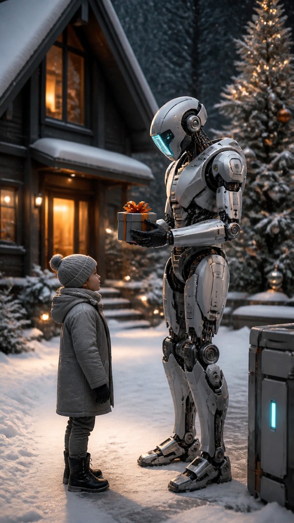 a snow-covered cottage with warm glowing windows beside a decorated pine tree, gentle snowfall, no text — Hard Sci-Fi Art Christmas card