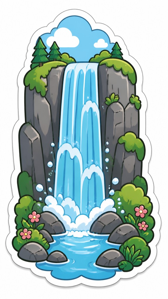 towering waterfall cascading down a cliff — Character Sticker Design