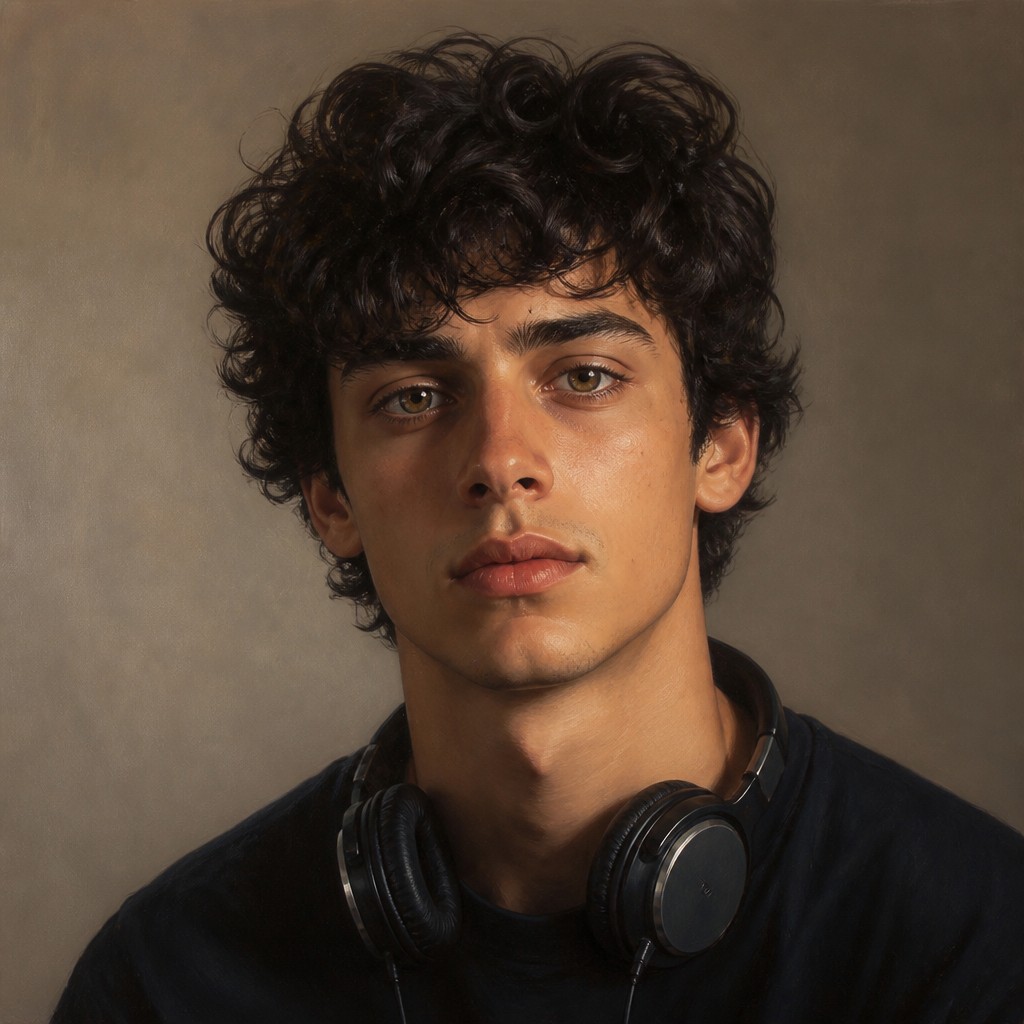 head-and-shoulders portrait of an original character: a young man with curly dark hair and headphones around his neck, plain backdrop, no text — Photorealistic Figurative Art Style Discord profile picture