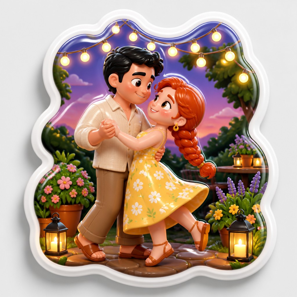 an original couple dancing under string lights in a garden at dusk: a man with short black hair in a linen shirt and a woman with braided red hair in a summer dress — 3D Puffy Sticker Design couple portrait