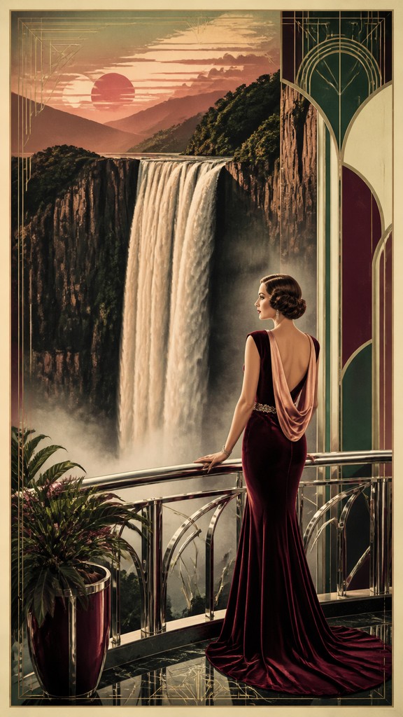 towering waterfall cascading down a cliff — Vintage Retro Fashion Design