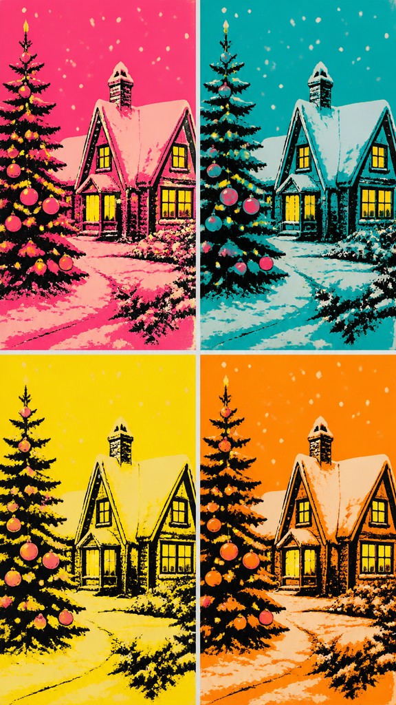 a snow-covered cottage with warm glowing windows beside a decorated pine tree, gentle snowfall, no text — Celebrity Portrait Pop Art Style Christmas card