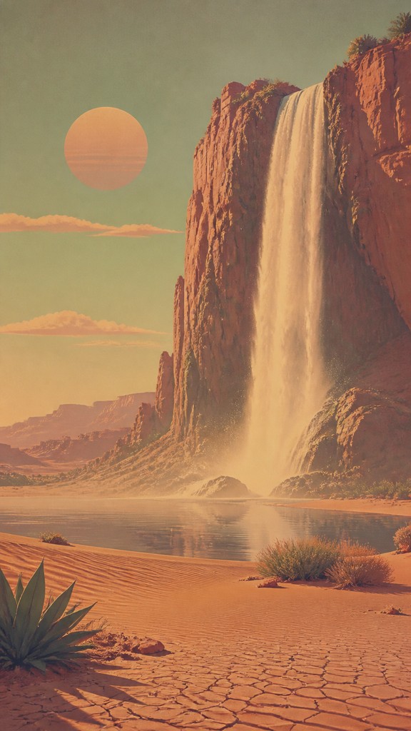 towering waterfall cascading down a cliff — Desertwave Aesthetic
