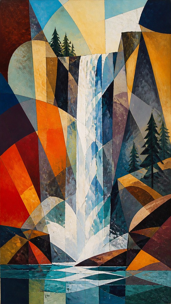 towering waterfall cascading down a cliff — Abstract Still Life Art Style