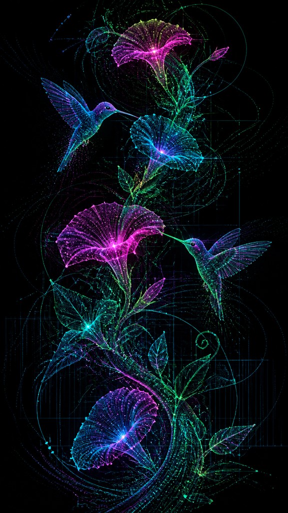 a climbing vine of flowers and hummingbirds on a dark background, tall wrapping composition, no text — Data Visualization Contemporary Art Style phone case design