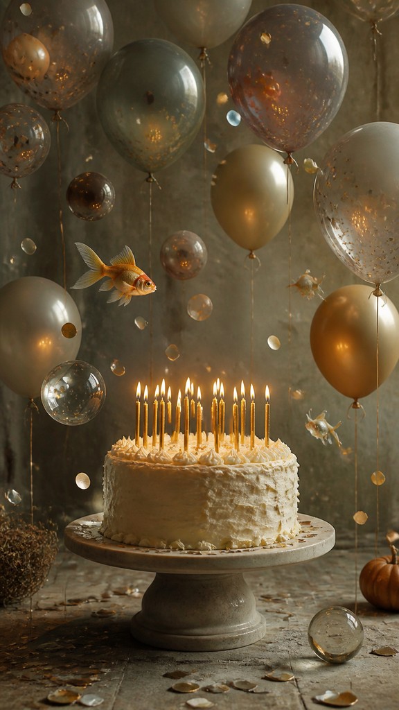 a birthday cake with lit candles surrounded by balloons and confetti, festive vertical composition, no text — Magical Realism Art Style birthday card