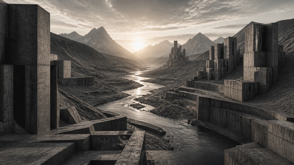 a vast valley with a river winding toward distant mountains at sunrise, no people, no text — Brutalist Architecture Art desktop wallpaper