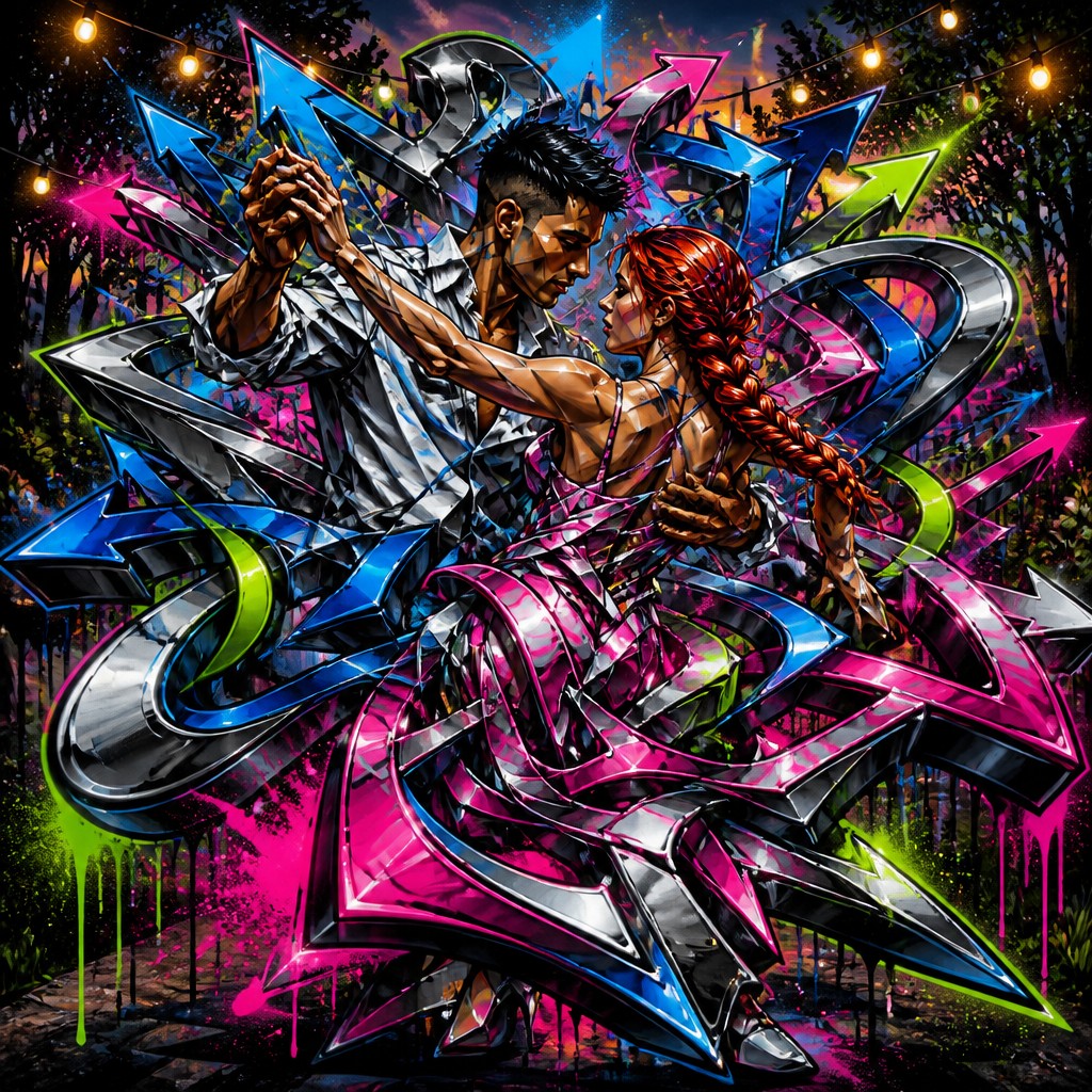 an original couple dancing under string lights in a garden at dusk: a man with short black hair in a linen shirt and a woman with braided red hair in a summer dress — Wildstyle Graffiti Street Art Style couple portrait