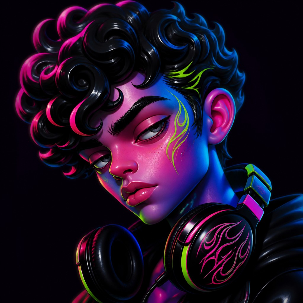 head-and-shoulders portrait of an original character: a young man with curly dark hair and headphones around his neck, plain backdrop, no text — Lowbrow Art Style Discord profile picture