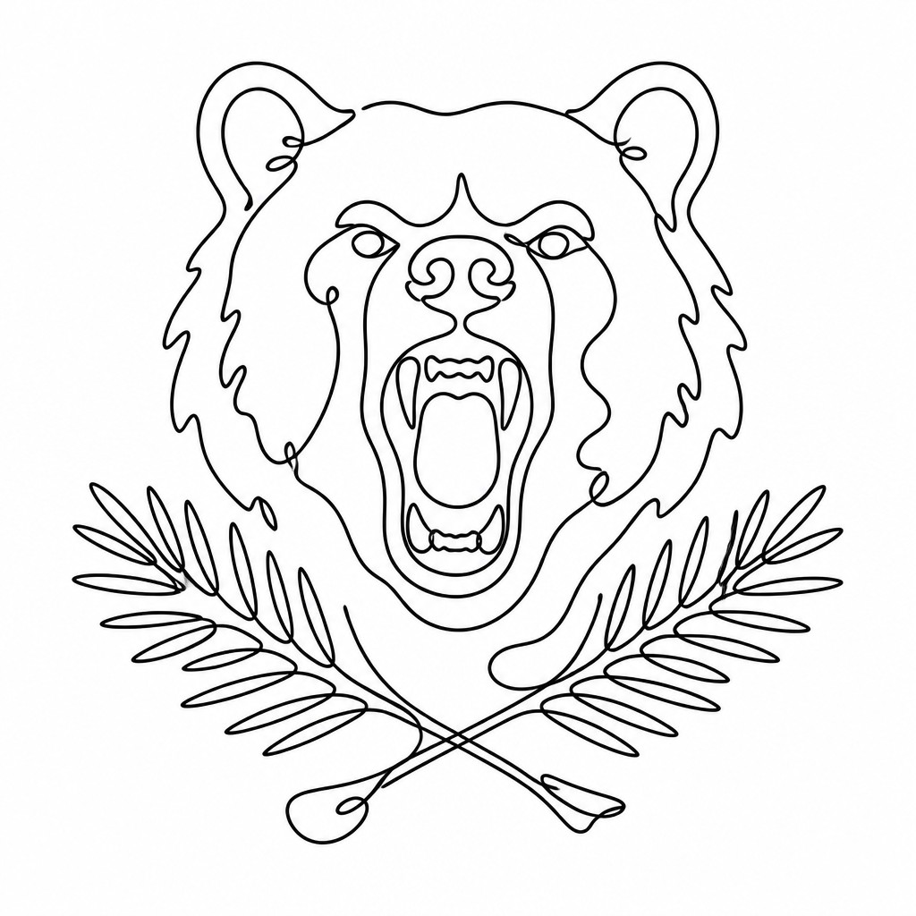 a roaring bear head above crossed pine branches, bold graphic composition on a plain background, no text — Single Line Minimalism Art Style t-shirt design