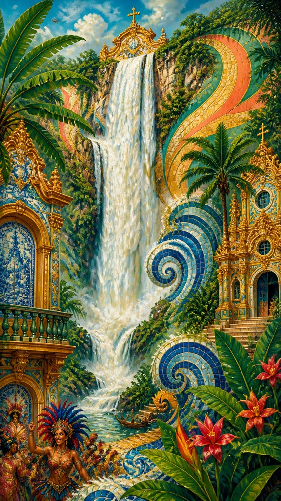 towering waterfall cascading down a cliff — Brazilian Art Style