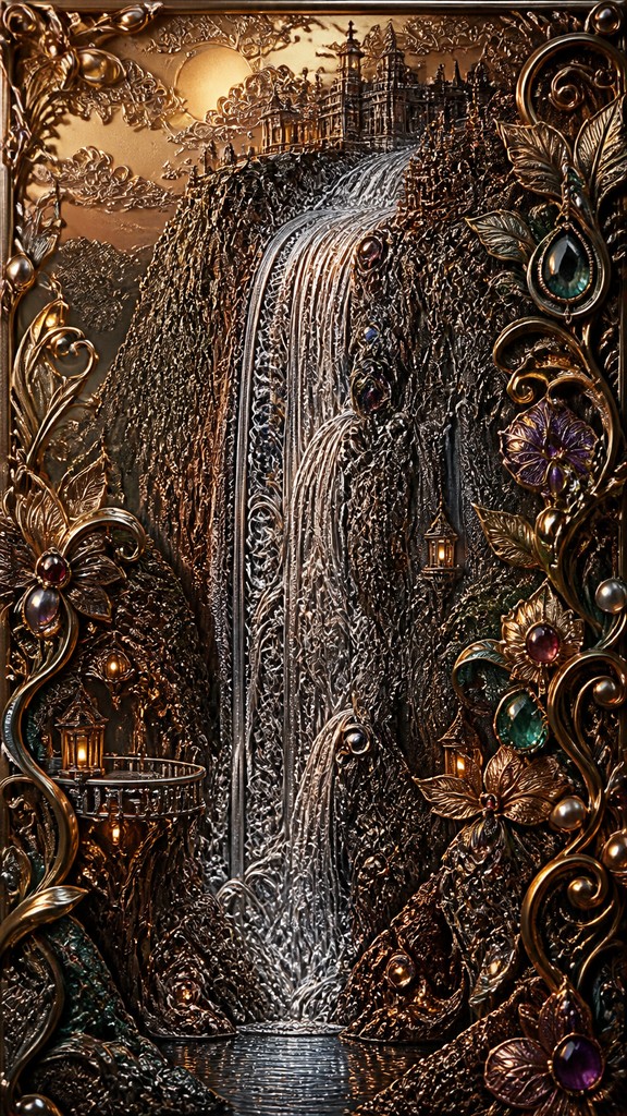 towering waterfall cascading down a cliff — Vintage Jewelry Design