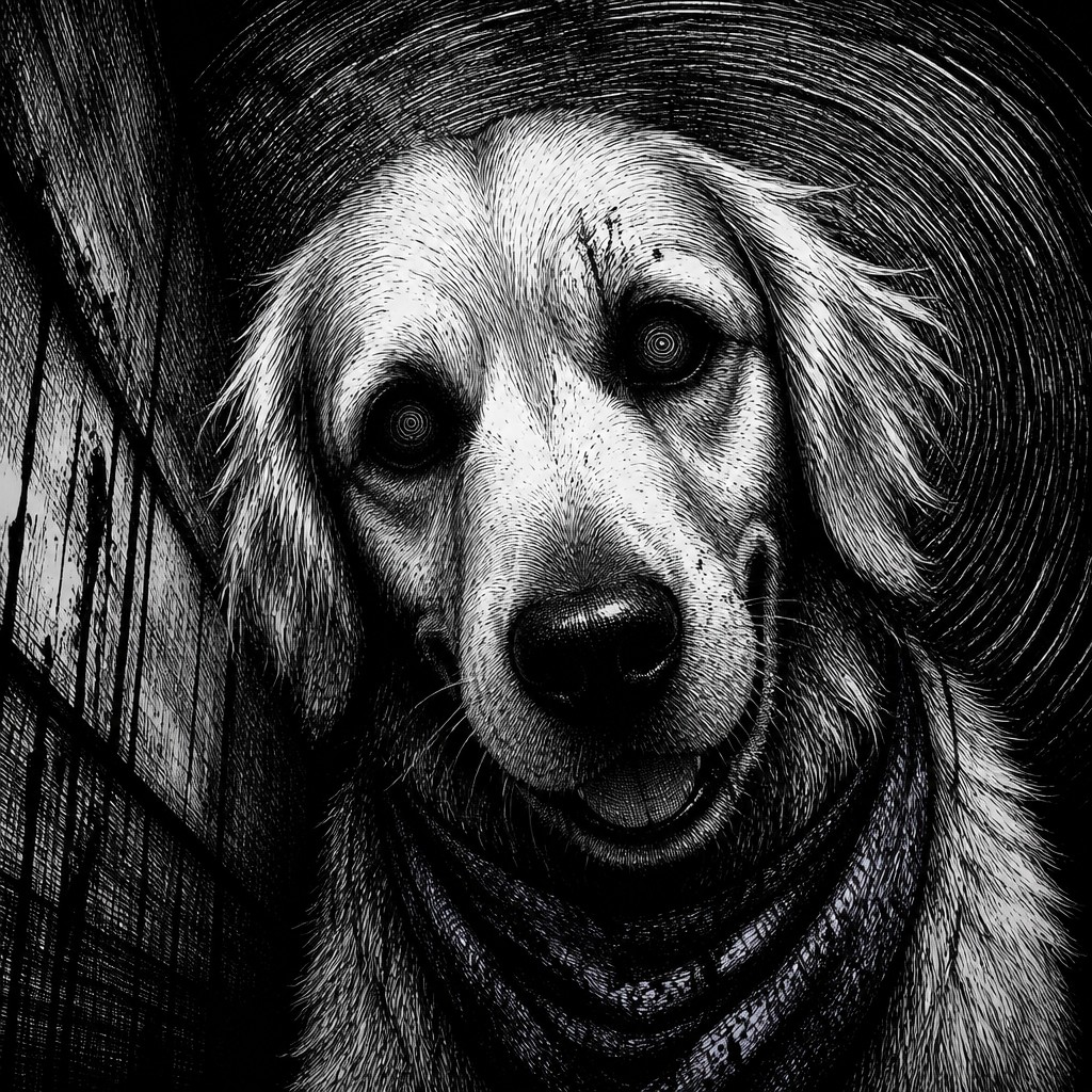 portrait of a golden retriever wearing a blue bandana, warm plain backdrop, no text — Horror Manga Art Style pet portrait