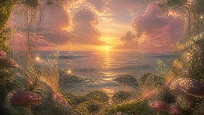 a panoramic ocean horizon with towering clouds at golden hour, no people — Fairycore Aesthetic wallpaper