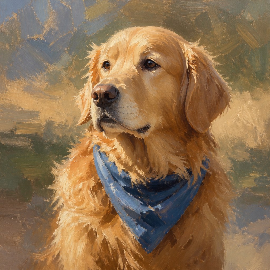 portrait of a golden retriever wearing a blue bandana, warm plain backdrop, no text — Plein Air Realism Art Style pet portrait