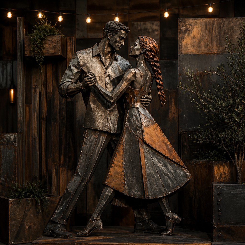 an original couple dancing under string lights in a garden at dusk: a man with short black hair in a linen shirt and a woman with braided red hair in a summer dress — Industrial Furniture Art couple portrait