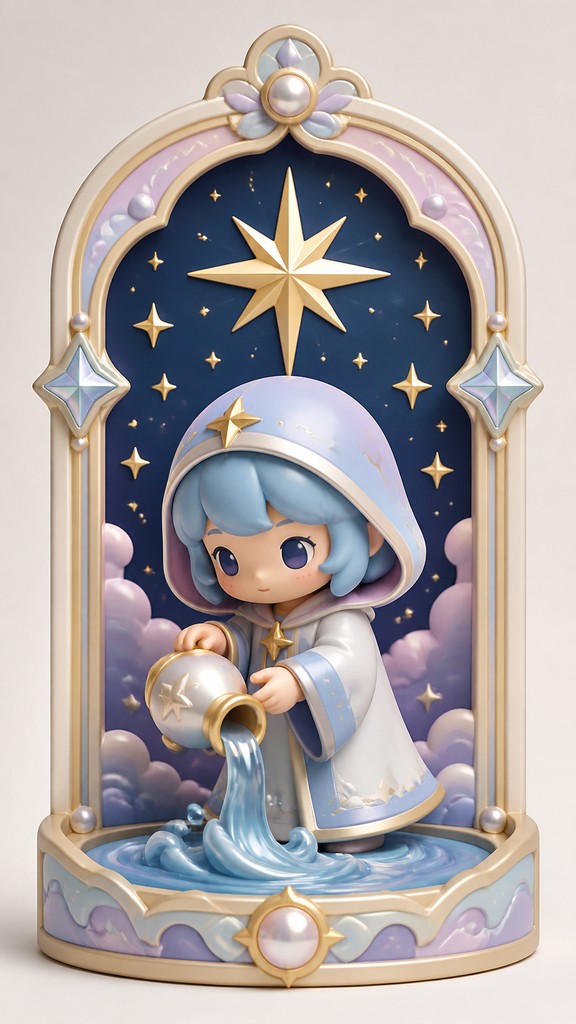 a robed figure pouring water beneath a large eight-pointed star in a night sky, symmetrical composition with an ornate decorative border, no text — Blind Box Toy Art tarot card