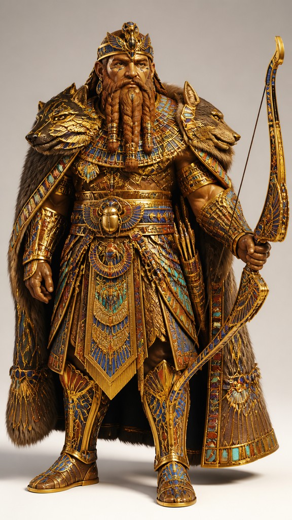 full-body original character: a dwarven ranger with a braided auburn beard, worn leather armor, a longbow and a wolf-pelt cloak, neutral background, no text — Egyptian Revival Jewelry Style tabletop character portrait