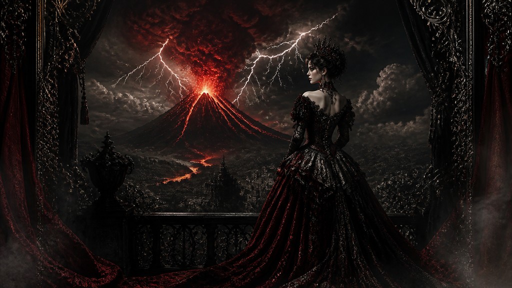 an erupting volcano with lightning strikes, dramatic wide composition, no text — Gothic Fashion Design YouTube thumbnail