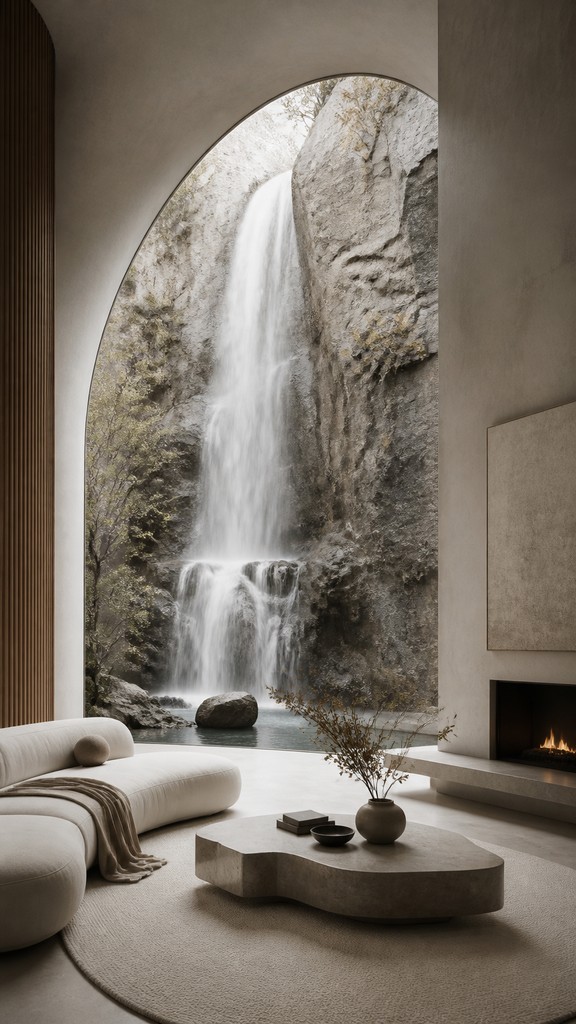 towering waterfall cascading down a cliff — Contemporary Interior Design