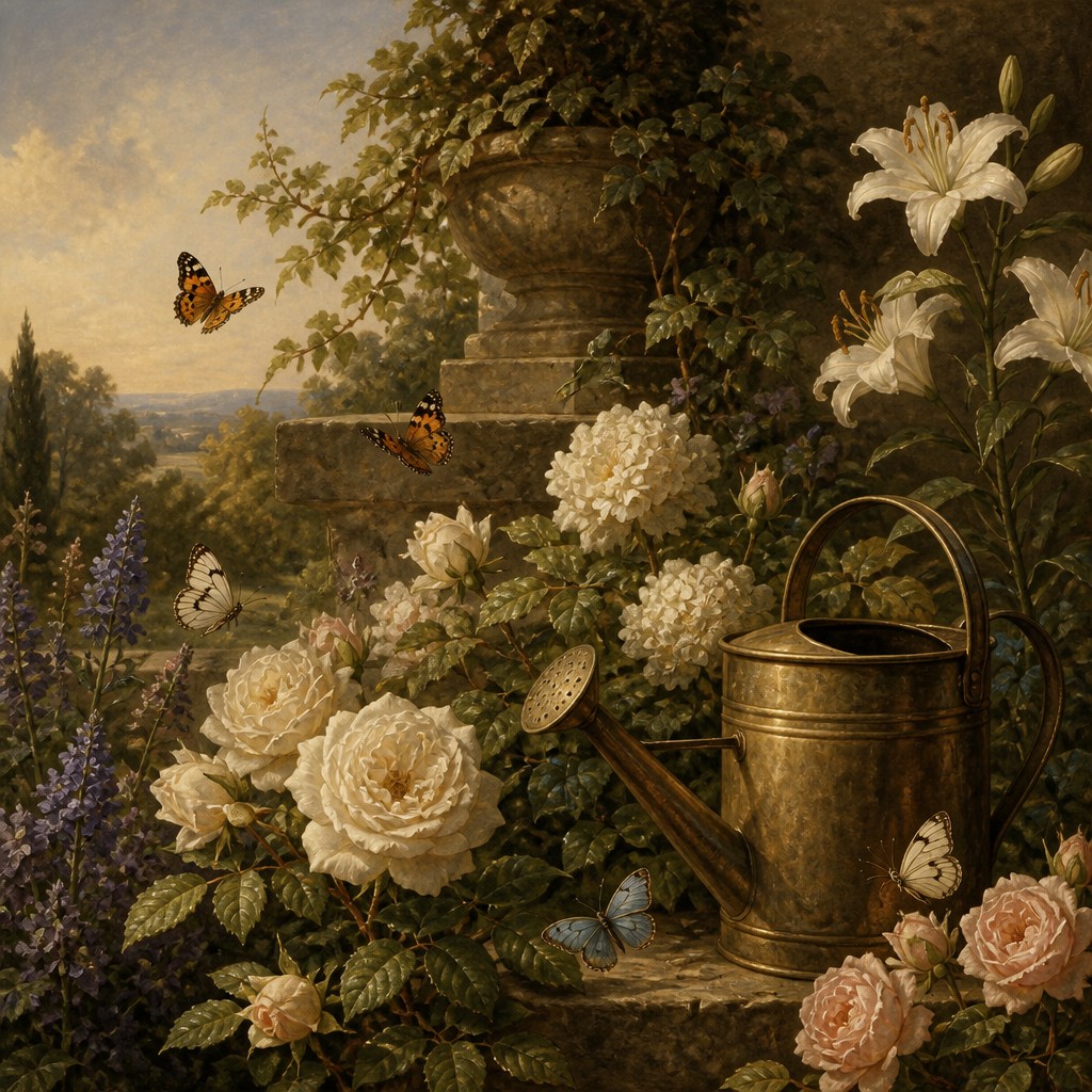 a garden scene with butterflies, flowers and a watering can, clean uncolored line art, no text — Classical Realist Figurative Art Style coloring page