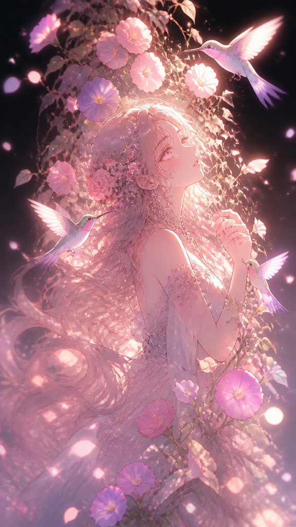 a climbing vine of flowers and hummingbirds on a dark background, tall wrapping composition, no text — Shoujo Romance Anime Art Style phone case design