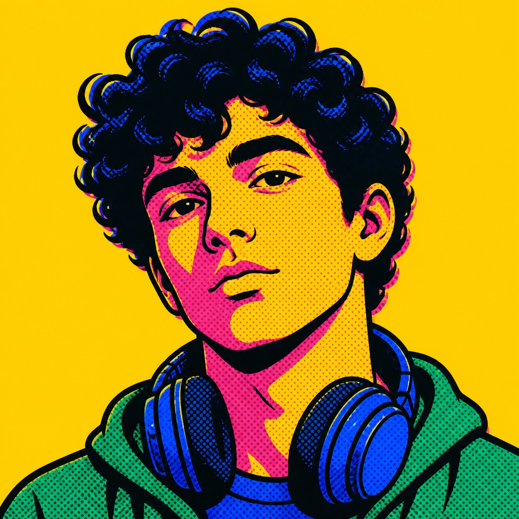 head-and-shoulders portrait of an original character: a young man with curly dark hair and headphones around his neck, plain backdrop, no text — Pop Art Portrait Style Discord profile picture