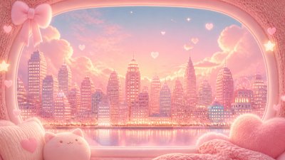 a city skyline panorama at dusk with glowing windows, no people — Soft Girl Aesthetic wallpaper